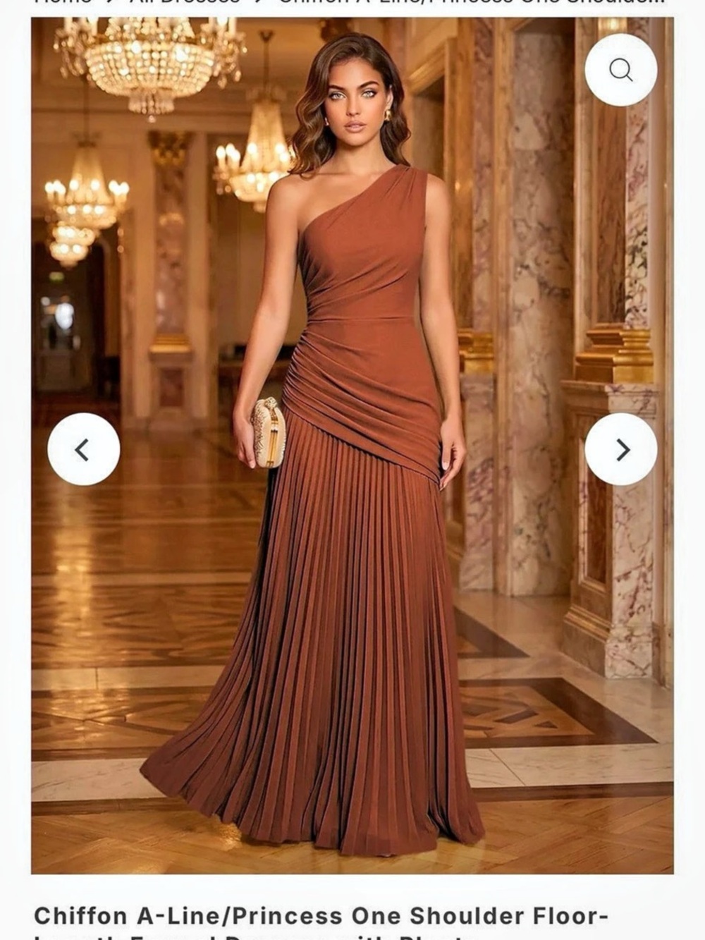 One Shoulder Pleated Maxi Dress in Brown